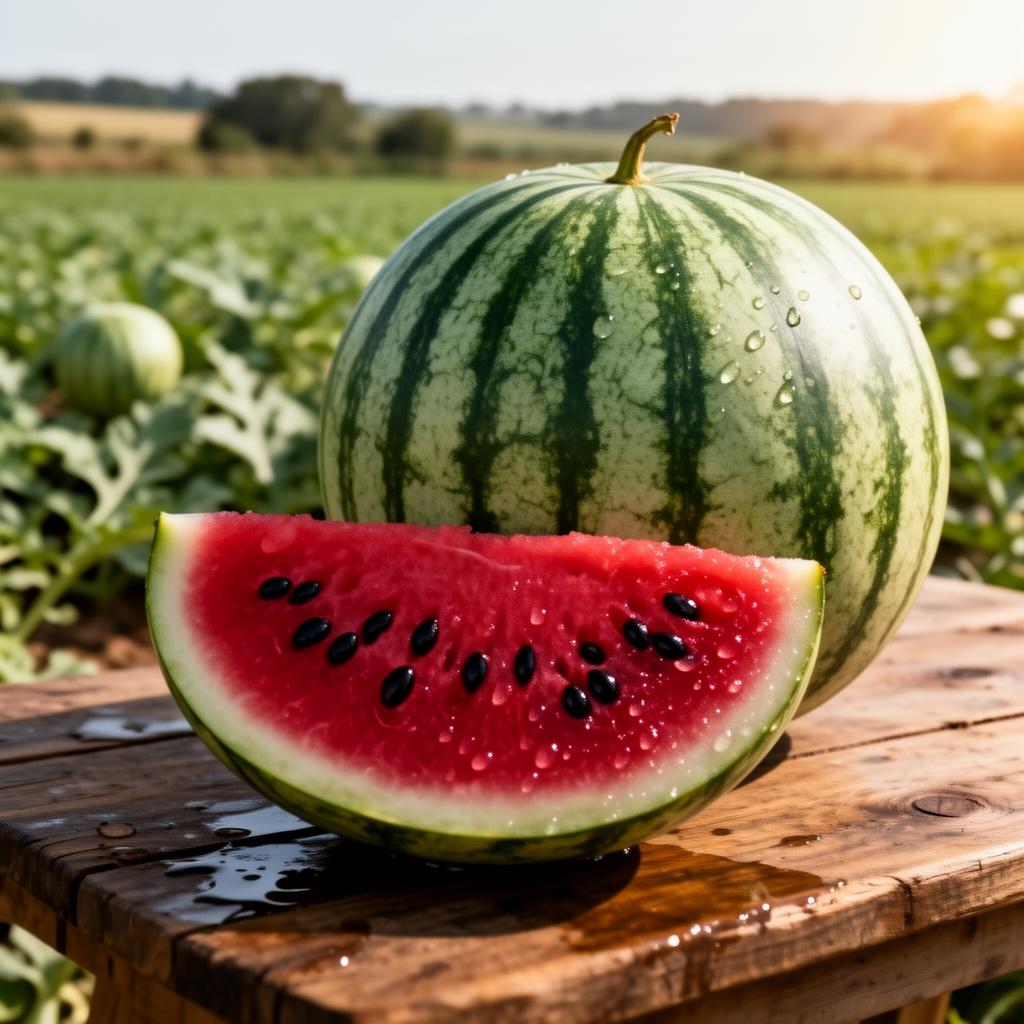 Freshly harvested Fasayel Farms watermelon, cut to reveal deep crimson flesh
